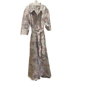 Feriani Couture Silver Metallic Floral Brocade Belted Maxi Gown Dress Size 20
